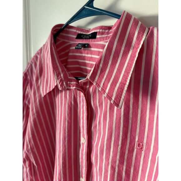 Chaps Pink Striped Button Up Shirt 3X XXXL Collared 3/4 Sleeve Top White Casual - Picture 2 of 11